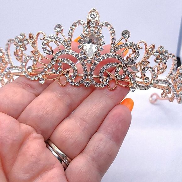 Rose Gold Tiara Bridal Pageant Crown Shiny Rhinestone Princess Birthday - Picture 7 of 12